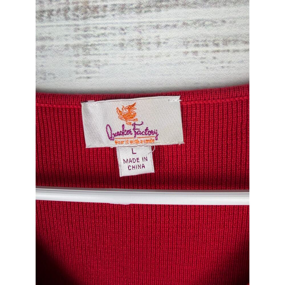 Quacker Factory Red Embellished Top Large Ribbed Knit Stretch Vneck Holiday - Picture 3 of 8